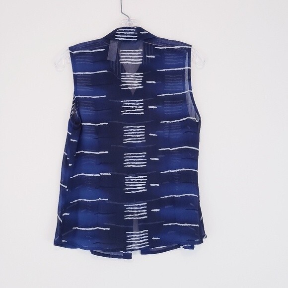 Liz Claiborne Navy Blue White Sleeveless Blouse Sheer Collared Button Down 8 M - Picture 5 of 6